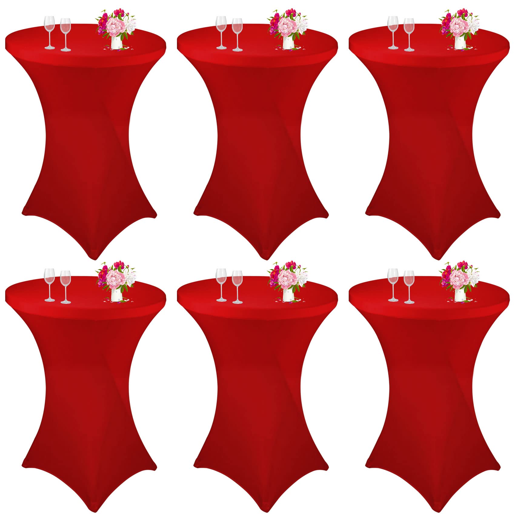 JALANCY 6 Pack Cocktail Spandex Tablecloth 32"x43" Red Stretch Square Corners Cocktail Table Cover Fitted High Top Round Table for Bar Wedding Birthday Party Banquet