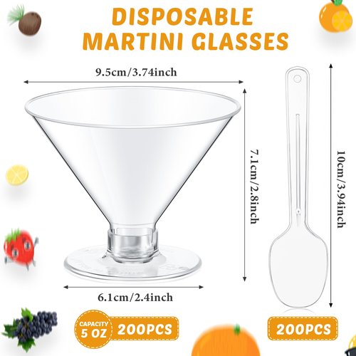 Yinkin 200 Cups and 200 Spoons Plastic Martini Glasses Disposable Cocktail Glasses Mini Martini Plastic Cups Dessert PVC Shot Unbreakable with Spoons for Weddings Party Wine Food (Clear,5 oz)
