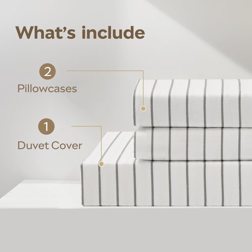 JELLYMONI Striped Duvet Cover Set - Queen Size 100% Cotton - 3PCS White & Grey Vertical Stripes Bedding - Hidden Zipper Closure & 8 Corner Ties - Breathable Comforter Cover for Bedroom