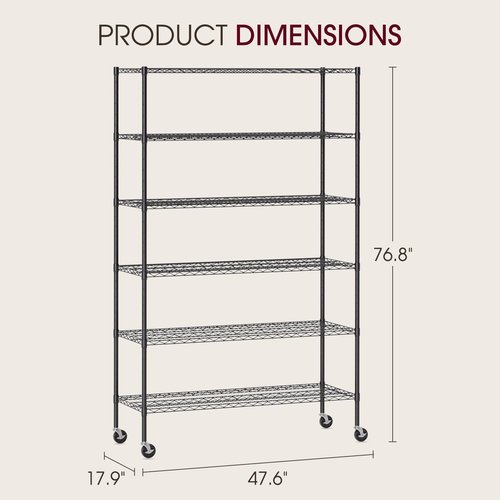 BestOffice 6-Tier Wire Storage Shelves with Wheels - Heavy-Duty Metal, Adjustable Racks, 48x18x77, Black | No-Tool Assembly, Holds Up to 600 lbs, Perfect for Home & Garage
