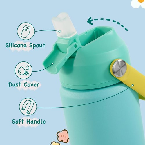 Kerilyn Kids Water Bottle - 12oz Stainless Steel Insulated Cup with Straws | Leak-Proof, BPA Free, Twilight Green