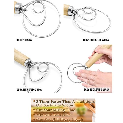 13" Danish Dough Whisk Set with Dough Scraper Bread Lame with 5 Blades and Leather Cover Dutch Bread Whisk Bread Mixer Dutch Bread Dough Whisk Hand Mixer for Sourdough, Pizza, Pastry, Cake