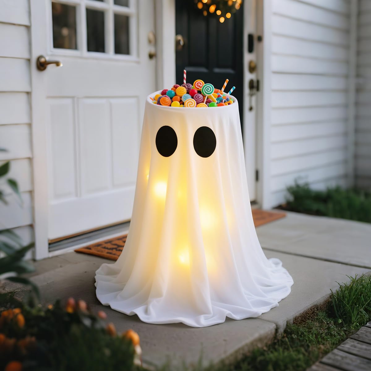 USB Powered Halloween Decorations - Halloween Ghost Candy Bowl Stand Decoration with 8 Modes Remote Control LED Lights - Cute Ghost Candy Holder for Front Door Porch Outdoor Indoor Decor