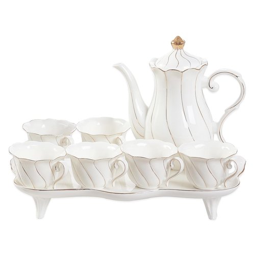 DUJUST 14 pcs Tea Set for 6 with Tea Tray & Spoons, Luxury British Style Coffee Cup Set with Golden Trim, Beautiful Porcelain Set for Living Room Decor, Tea Party Set, Gift Package - White