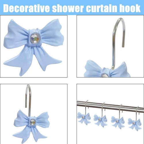 LLYSTTDS Blue Bow Shower Curtain Hooks 12pcs Rust Proof Shower Curtain Hooks Shower Rings for Curtain Cute Shower Curtain Hooks for Bathroom Baby Room Art Decor