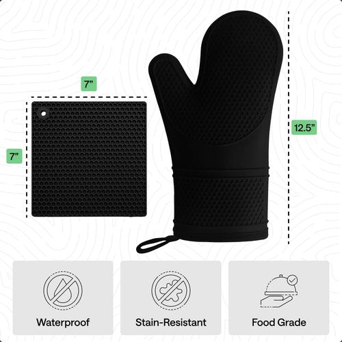 Gorilla Grip Silicone Oven Mitts Set - BPA-Free, Heat Resistant & Waterproof | 4-Piece Black Cooking Gloves