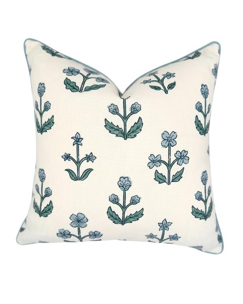 Jillien Harbor "The Bella” Floral Block Print Pillow Cover – Blue & White Decorative Throw Pillow Cover with White Background – Grandmillennial Home Decor, 20" x 20"