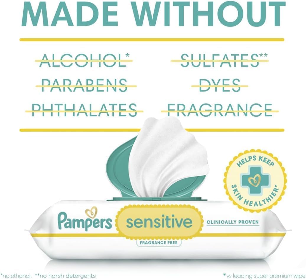 Pampers Sensitive Baby Wipes - Hypoallergenic & Unscented | 18 Flip-Top Packs (1008 Wipes Total)