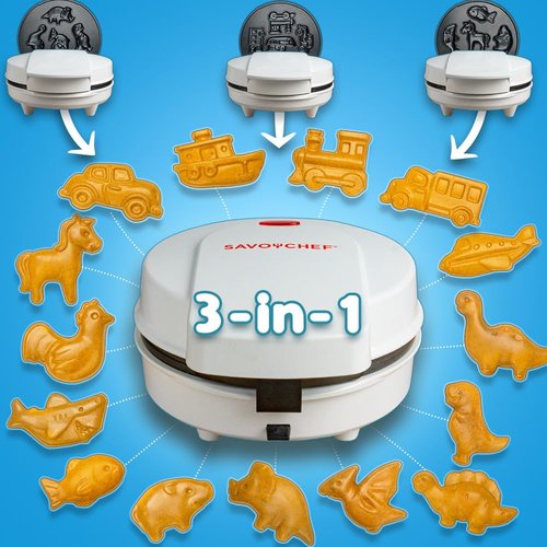 Waffle Maker for Kids with 15 Mini Shapes - Car, Truck, Farm Animals, Dinosaurs - Removable Plates for Easy Clean Up
