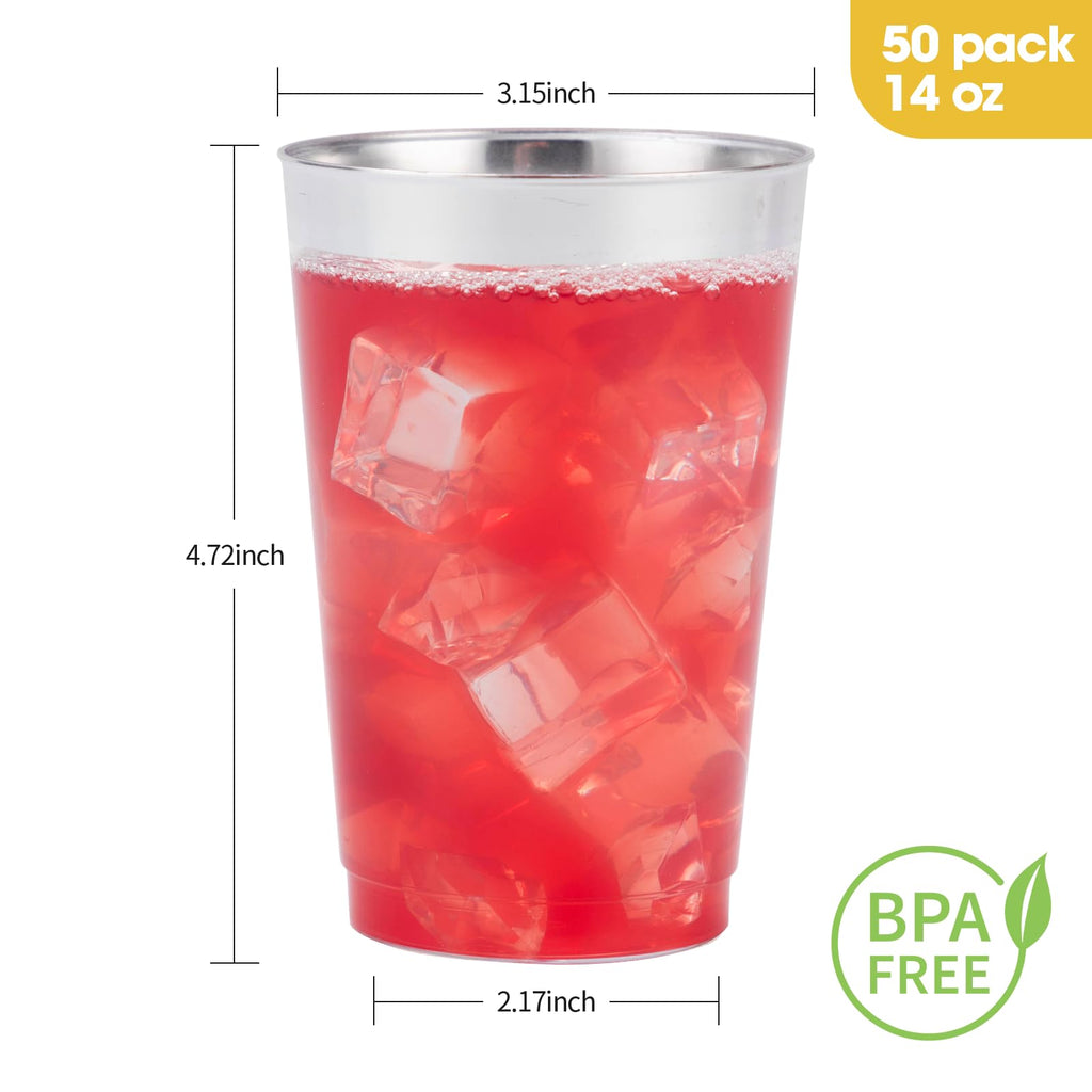 Goodluck 50PCS 14oz Silver Plastic Cups for Party, Disposable Silver Plastic Cups, Cocktail Glasses for Wedding Thanksgiving, Christmas, and Parties