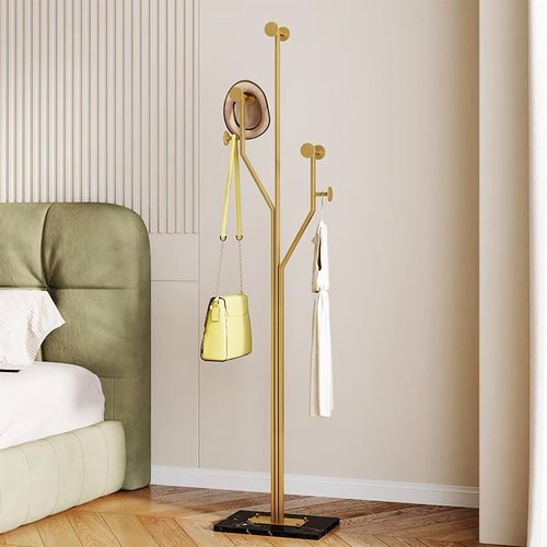 BUZUEY Gold Coat rack,Sturdy coat tree freestanding heavy duty with Marble Base,Metal standing coat rack for Bedroom,Entrance,Modern coat hanger stand for Coats,Hats,Bags(gold)