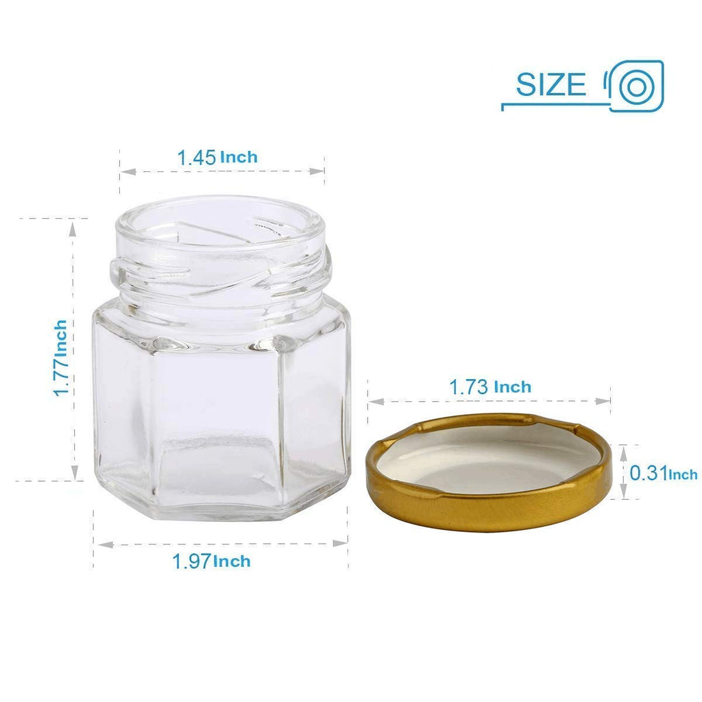 Encheng 1.5 oz Clear Hexagon Jars,Small Glass Honey Jars With Lids(golden),Mason Jars For Herbs,Foods,Jams, Liquid,Party Favor,Mini Spice Jars For Storage 30 Pack