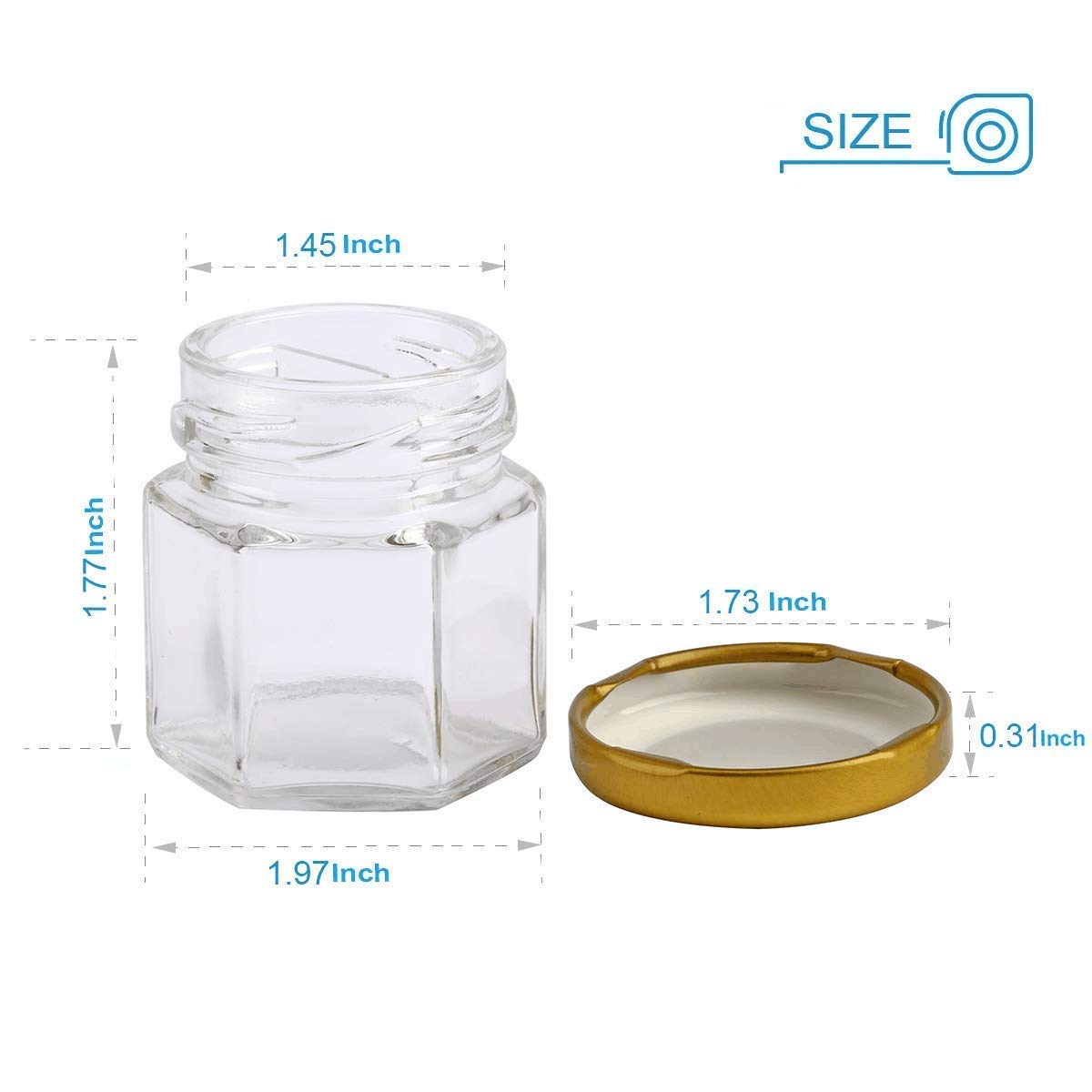 Encheng 1.5 oz Clear Hexagon Jars,Small Glass Honey Jars With Lids(golden),Mason Jars For Herbs,Foods,Jams, Liquid,Party Favor,Mini Spice Jars For Storage 30 Pack