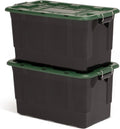 HOMZ 30-Gallon Plastic Stackable Storage Bins - Latching Lid & Handles for Home Organization | Black/Green 2-Pack
