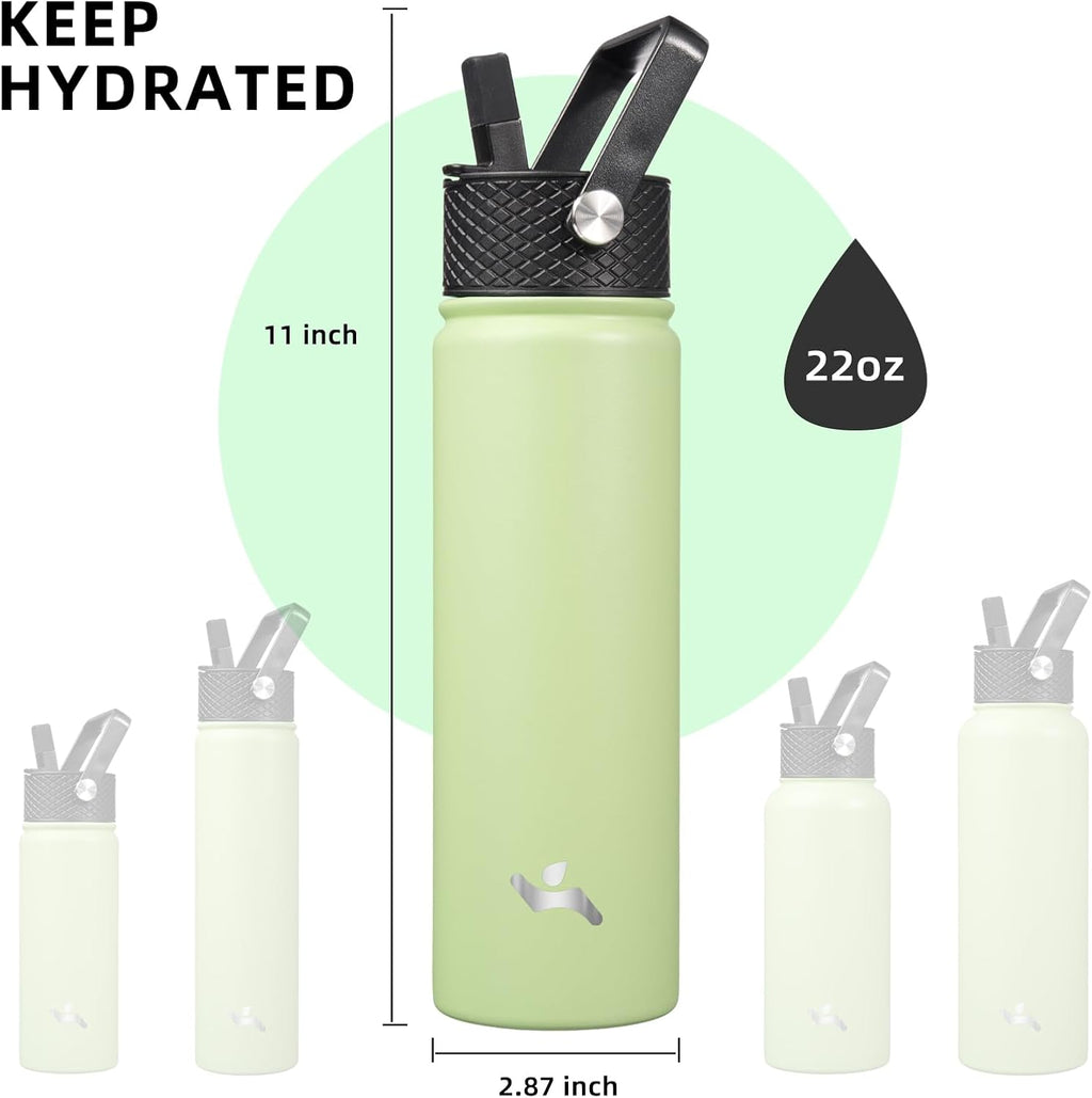 Skiennix 22oz Stainless Steel Water Bottle - Insulated with 3 Lids | Macaron Green