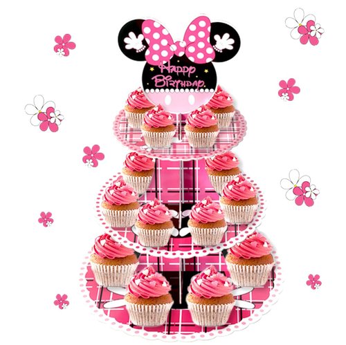 Pink Mouse 3-Tier Cupcake Stand Party Favors Dessert Tower Cupcake Holder for Wedding Birthday Baby Shower Party Decorations