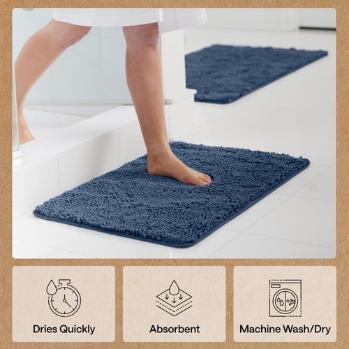 GORILLA GRIP Bath Rug Mat - Soft Absorbent Chenille | Quick Dry Microfiber, 36x24, Navy Blue