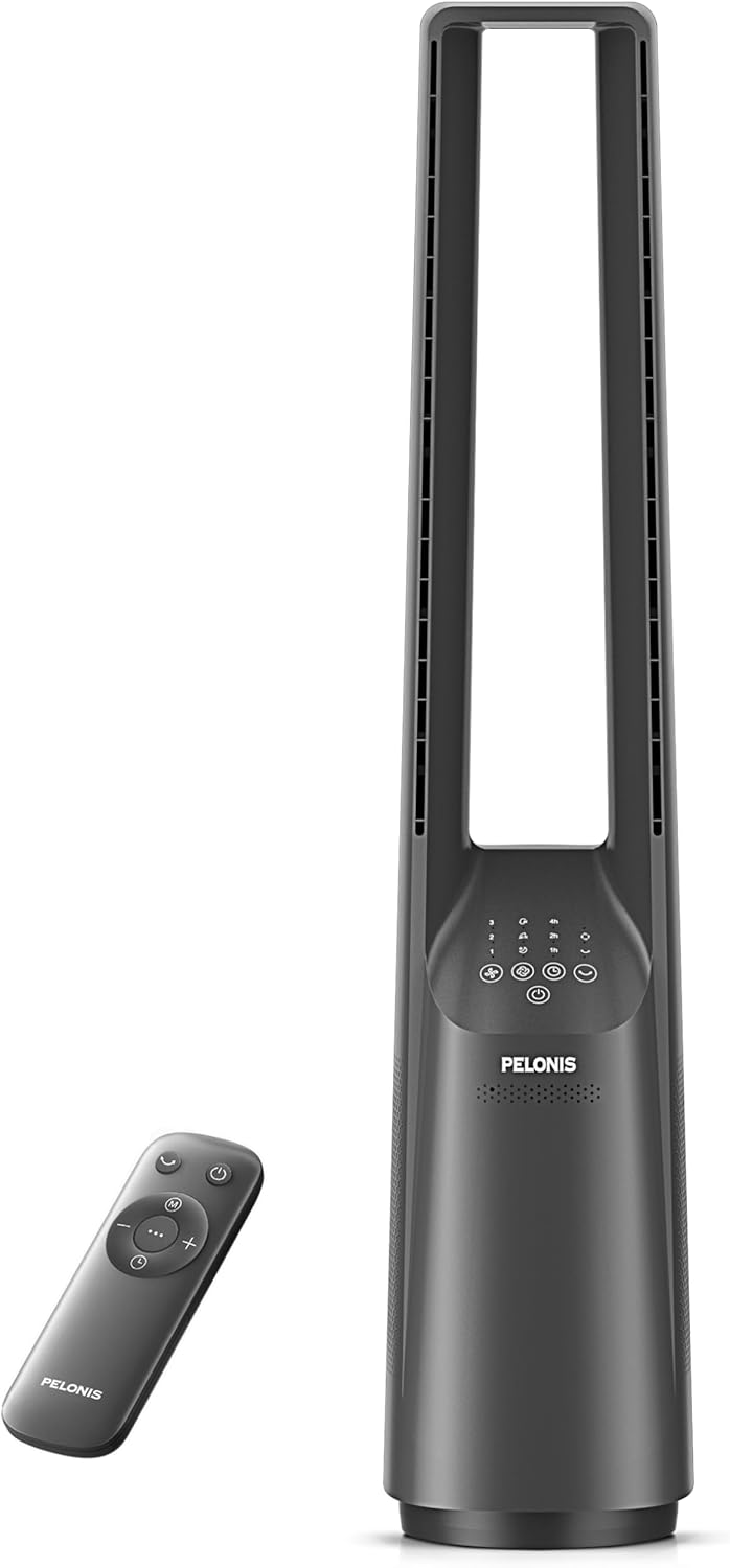 Pelonis Bladeless Tower Fan - Ultra-Quiet 22 dB Motor, 6 Speeds, Remote Control, 90° Oscillation, Safe for Home & Office