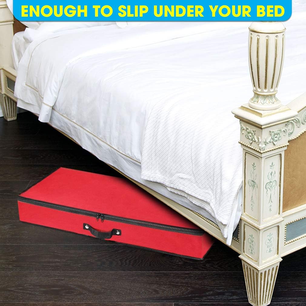 Primode Wrapping Paper Storage Container - Under Bed Gift Wrap Organizer for 30-Inch Rolls | 31”x13.5”x4.5” | Durable 600D Oxford Material with Pockets for Ribbons and Bows (Red)