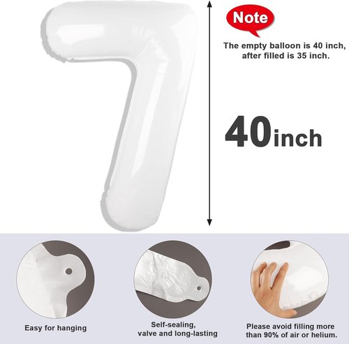40 Inch Number 7 Balloon - White Seven Birthday Decor for Engagements, Weddings & Graduations