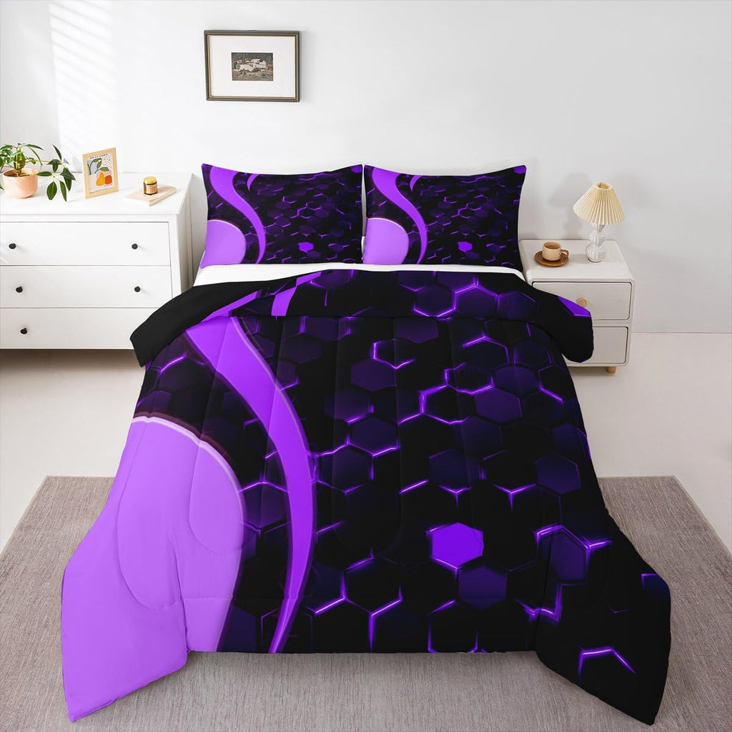 Feelyou Honeycomb Comforter Hexagonal Print Bedding Set Geometrical Beehive Purple Blue Comforter Set for Boys Girls Teens Decor Modern Art Duvet Set Quilt Twin Size Boys