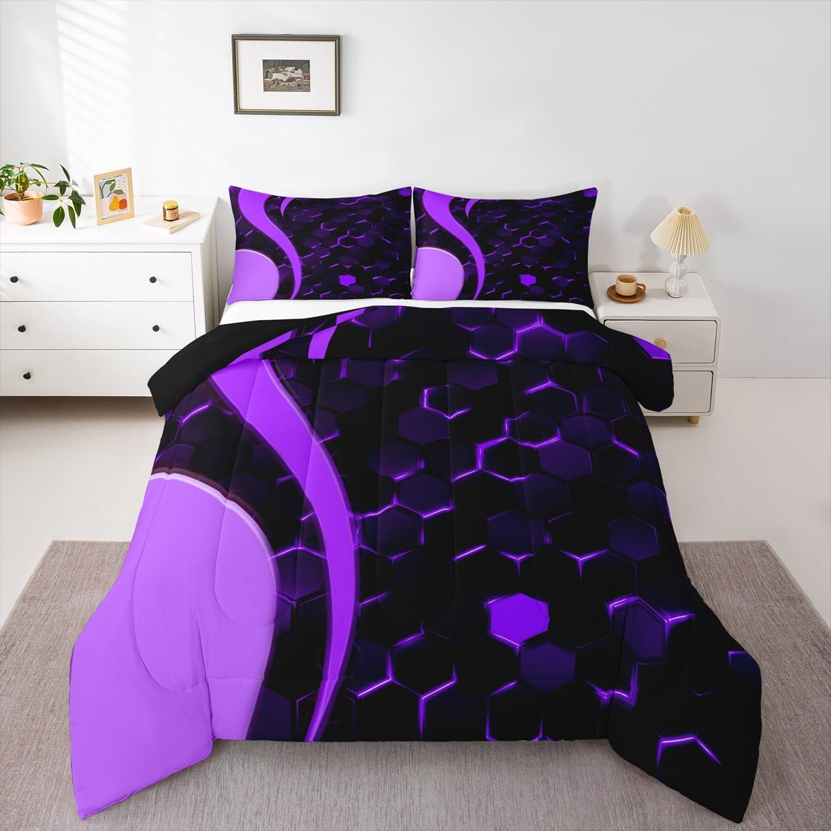 Feelyou Honeycomb Comforter Hexagonal Print Bedding Set Geometrical Beehive Purple Blue Comforter Set for Boys Girls Teens Decor Modern Art Duvet Set Quilt Twin Size Boys
