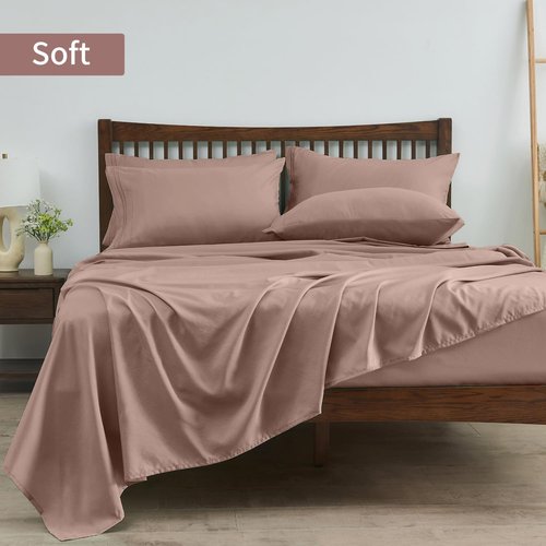 Linenline King Size Sheet Set - Soft & Breathable Bamboo Rayon | 16-Inch Deep Pocket, Dusty Pink, 6-Piece