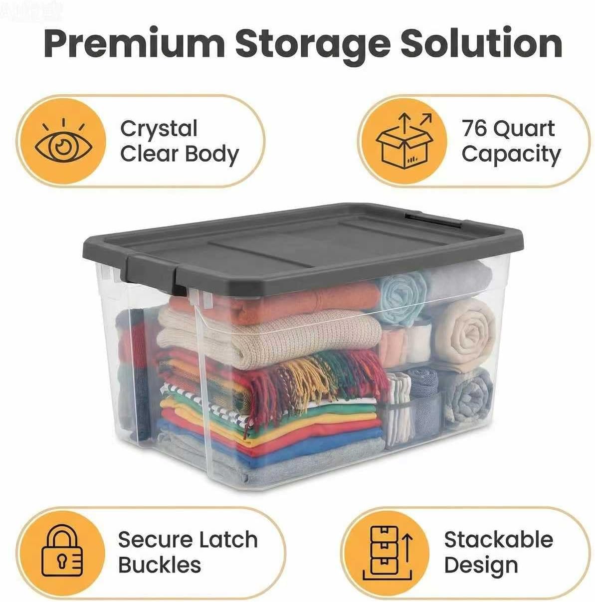 Skiennix 76 Quart Clear Plastic Storage Bins - Durable Latch Lid Containers for Office & Garage Organization