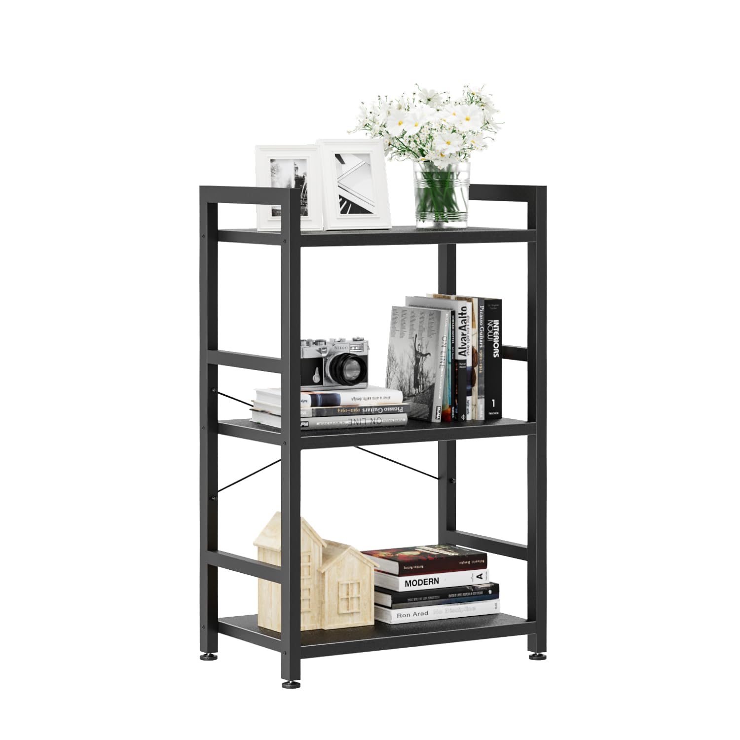 NUMENN 4 Tier Small Bookshelf, Industrial Bookcase Shelf Storage Organizer, Modern Book Shelf for Bedroom, Living Room and Home Office, Black
