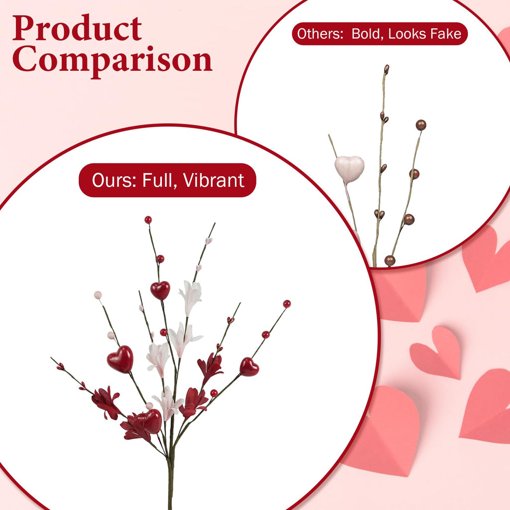 Valentines Day Decorations, 8PCS Valentine Floral Picks, Red Pink Heart Shaped Flower Stems, Artificial Berry Dry Flower Fillers for Vase, Table Centerpiece, Wedding Arrangement, Galentines, 24INCH