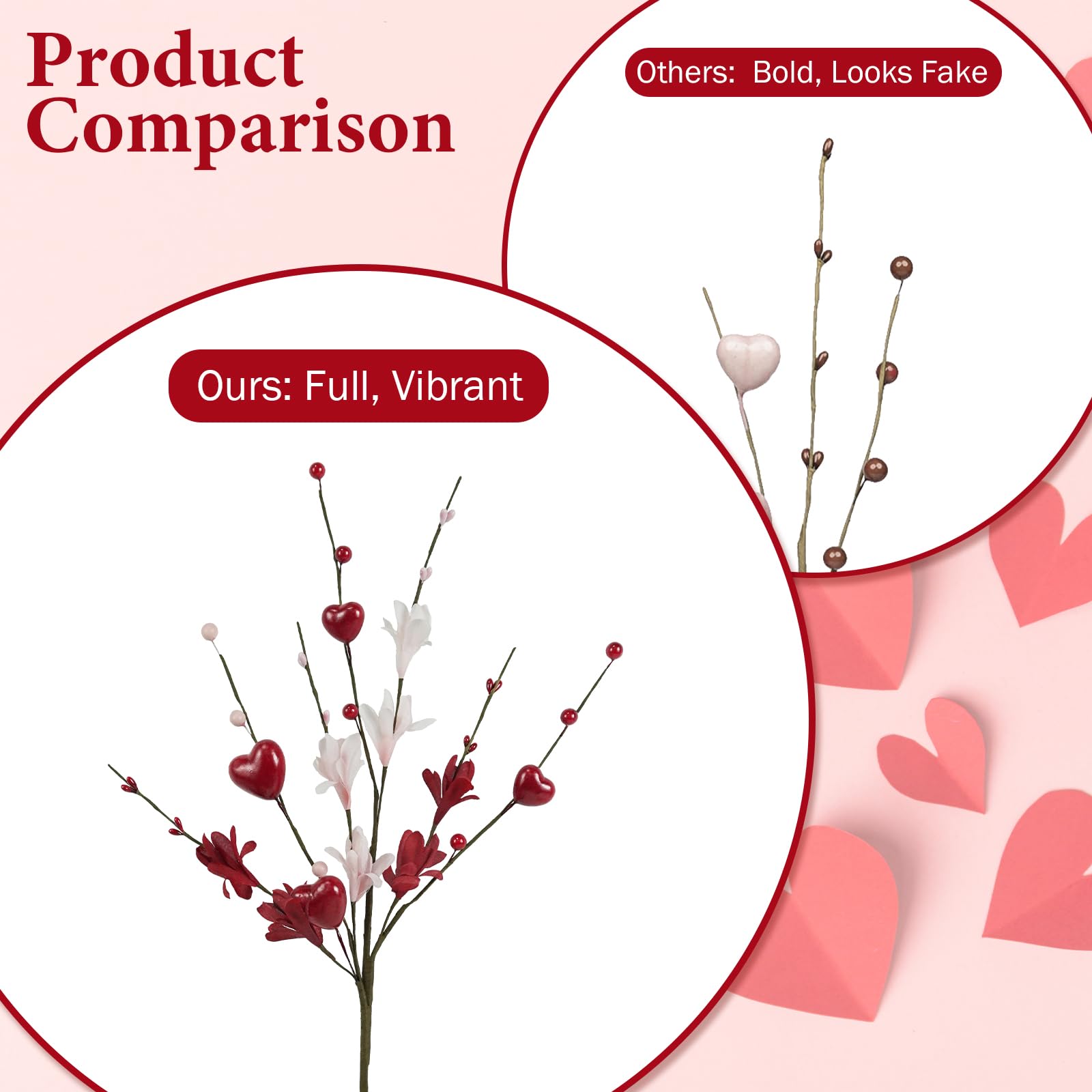 Valentines Day Decorations, 8PCS Valentine Floral Picks, Red Pink Heart Shaped Flower Stems, Artificial Berry Dry Flower Fillers for Vase, Table Centerpiece, Wedding Arrangement, Galentines, 24INCH
