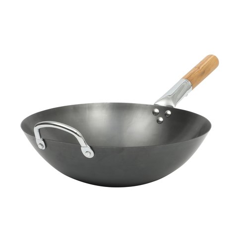 SUR LA TABLE Kitchen Essentials Quick Fire 13.5" Carbon Steel Flat Bottom Wok – Durable Nonstick Stir Fry Pan