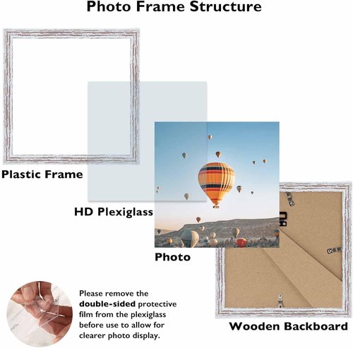 JCJMY 6x6 Picture Frame - Rustic White Wall Mount or Tabletop Display | Shatter Resistant Plexiglass