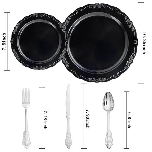 DaYammi 150 Pcs Black Silver Plastic Plates & Silver Plastic Silverware,Black silver Disposable plates for Include 30 Dinner Plate,30 Dessert Plate,30 Knives,30 Forks,30 Spoons for Party Wedding