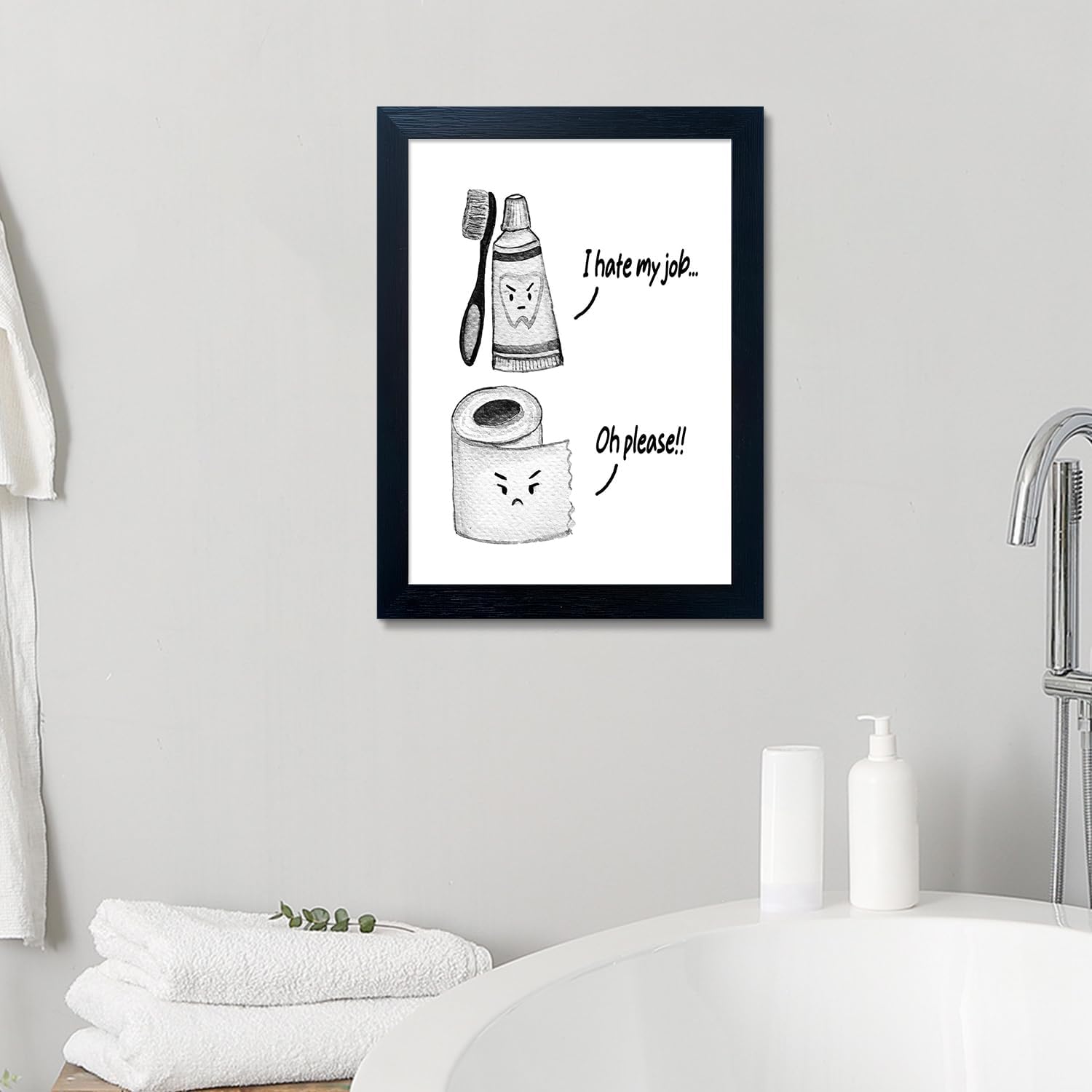 Skiennix Kids Bathroom Decor - Cute Framed Canvas Print with Funny Artwork | Modern Black and White Design