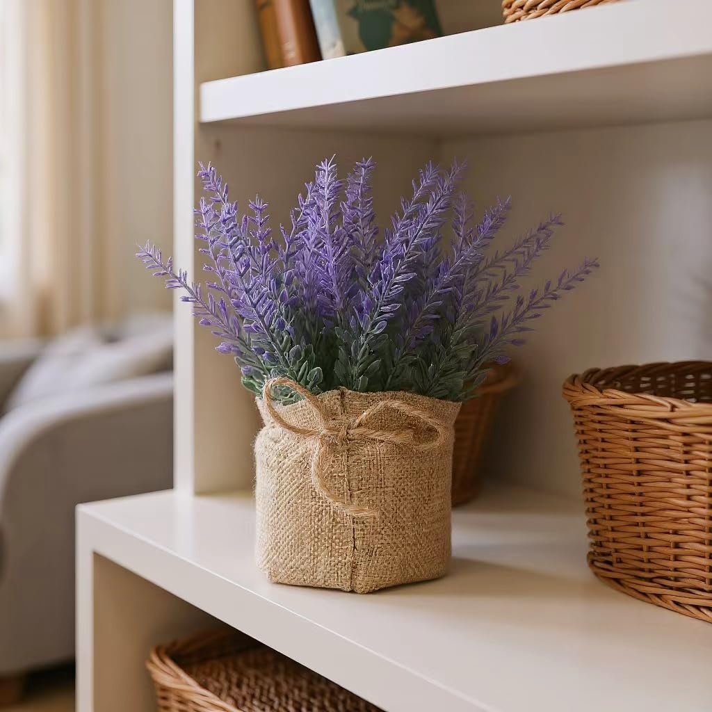 1 Pack Fake Flowers Purple Artificial Lavender Potted Bunches Small Faux Lavender Plants for Window Patio,Rustic Farmhouse,Wedding Centerpieces,Indoor Outdoor Decorations,Home Vase Fillers