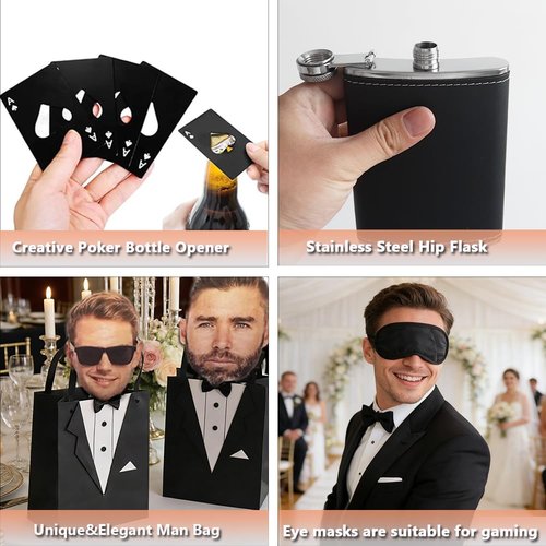 48Pcs Groomsmen Gifts Set of 6 for Wedding Party, Groomsmen Proposal Gift-Tuxedo Bags&Steel Hip Flasks | Sunglasses | Socks | Glass Cups | Bottle Opener, Elegant Man Box Can Creating Lasting Memories