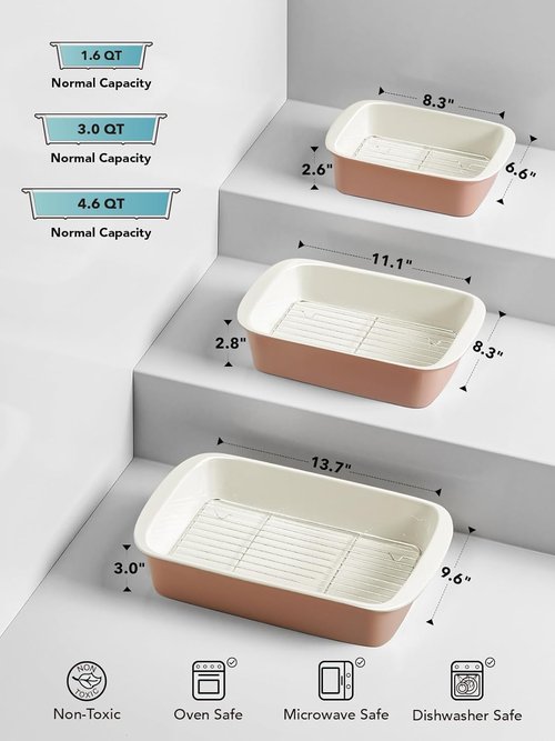 LE TAUCI Ceramic Baking Dish Set - Deep Casserole Dishes with Roasting Racks | Dusty Pink, 3-Piece Set (4.6QT/3.0QT/1.6QT)
