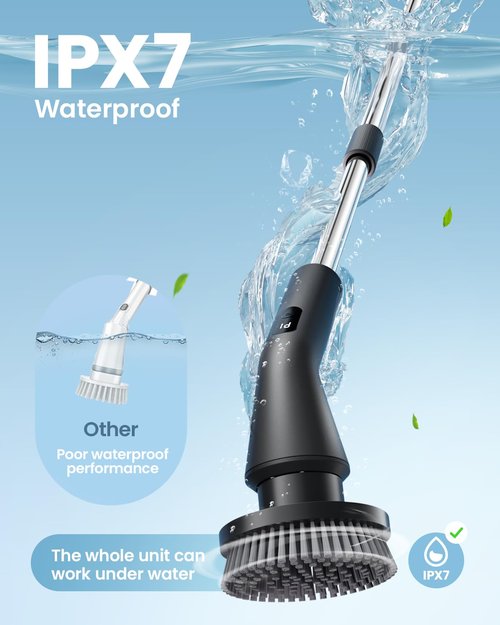 Topmako Electric Spin Scrubber, Upgraded IPX7 Cordless Cleaning Brush for Bathroom Shower, Household Cleaning Scrubber with 7 Brush Heads, Adjustable Long Handle and 2 Rotating Speeds for Tub Floor
