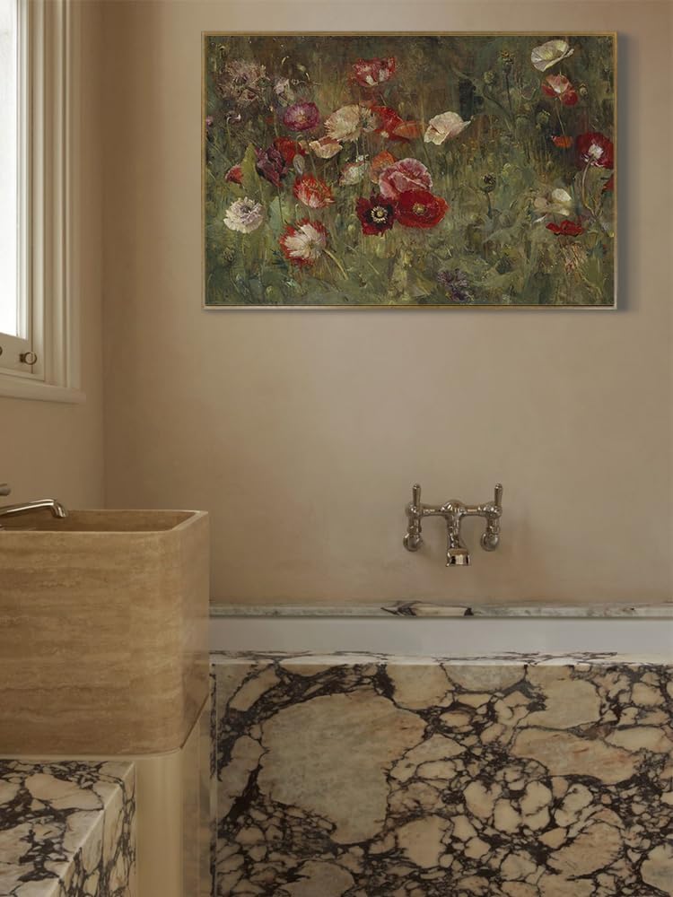 RaphelArt Large Framed Canvas Wall Art - Vintage Flower Poppies for Home Decor | 24''x36'' Dark Moody Floral Painting