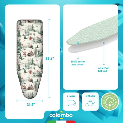 Colombo Ironing Board Cover 55.1” x 21.7” – Fits Boards Up to 51.2” x 17.7” – 2-Layer Organic Cotton & Felt Pad, Clip Included, Winter Alps Design, Made in Italy