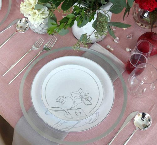 Silver Floral Lunch & Dinner Combo Plates (7.5" & 10", 32 Pieces) - Perfect for Upscale Events & Celebrations, Perfect for Mix & Match Dining
