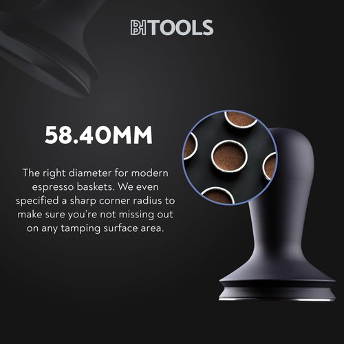 Barista Hustle Espresso Press Tamper 58.4 mm, Premium Barista Coffee Tamper, Black Anodised Aluminium Handle, 304 Stainless Steel Base, Elegant and Lightweight Design