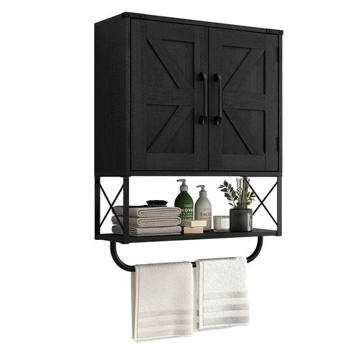 RUSTOWN Farmhouse Medicine Cabinet with 2 Barn Door, Wood Wall Mounted Storage Cabinet with Adjustable Shelf and Towel Bar, 3-Tier Bathroom Cabinet for Bathroom, Living Room(Black, Medium)