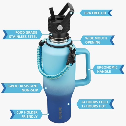 BJPKPK Insulated Water Bottle - 40oz Stainless Steel Tumbler with Straw Lid & Paracord Strap - Sky Color