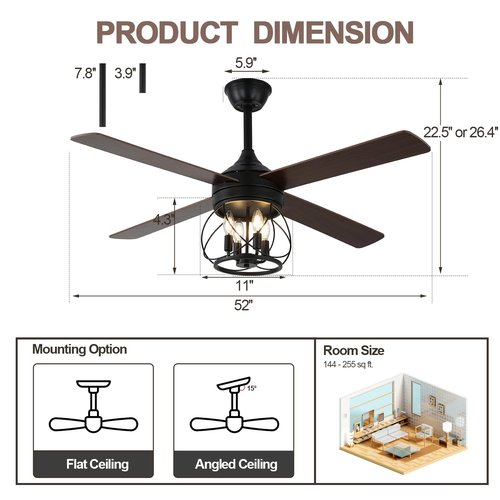 Curve Curio 52 Inch Farmhouse Ceiling Fan with Light and Remote Industrial Ceiling Fan Quiet and Reversible DC Motor Rustic Caged Chandelier Fan for Living Room Bedroom Patio (Caged Frame)
