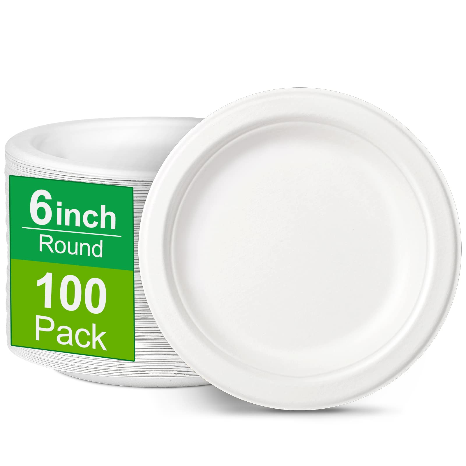 Greconv Paper Plates 6 inch, Small Paper Plates 100 Pack, Disposable Plates in Bulk, 100% Compostable Paper Plates, Sturdy Heavy Duty Plates for Dessert, Cake, Appetizer, White