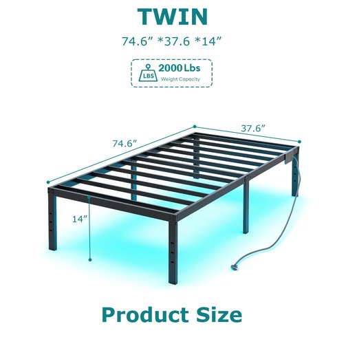 YORMDMO 14 inch Twin Bed Frame, Metal Bedframe with LED Lights, Heavy Duty Basic Steel Slats Platform, Outlets & USB, No Box Spring Needed