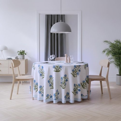 Blue & Green Floral Round Tablecloth | 100% Cotton Hand Block Printed Thanksgiving Table Cover, Premium Soft Fabric | for Dining Table , Festive, Home Décor & Thanksgiving (108 " Round Seats 8 to 10)