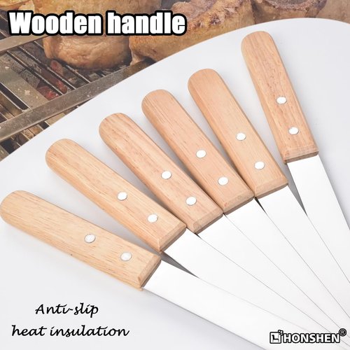HONSHEN Flat Kabob Skewers 23.5 Inch Long,7/8 inch Wide Heavy Duty Stainless Steel Grilling BBQ Skewer with Wood Handle for Making Koubideh Persian Brazilian Chicken Shrimp ground meat kebab-Set of 12